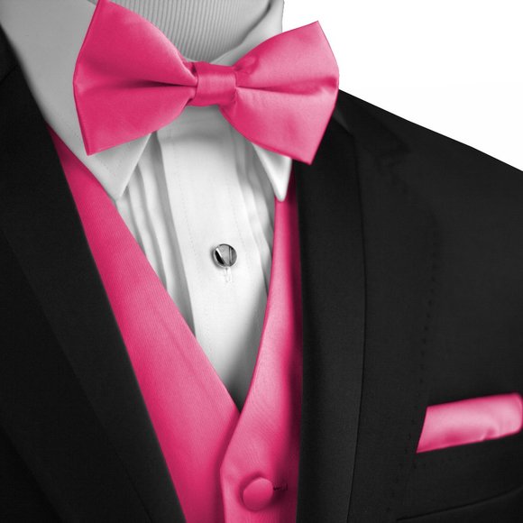 Men's Formal Wedding Prom Homecoming Tuxedo Vest Bow-Tie Hankie - Fuchsia Satin - Picture 1 of 4